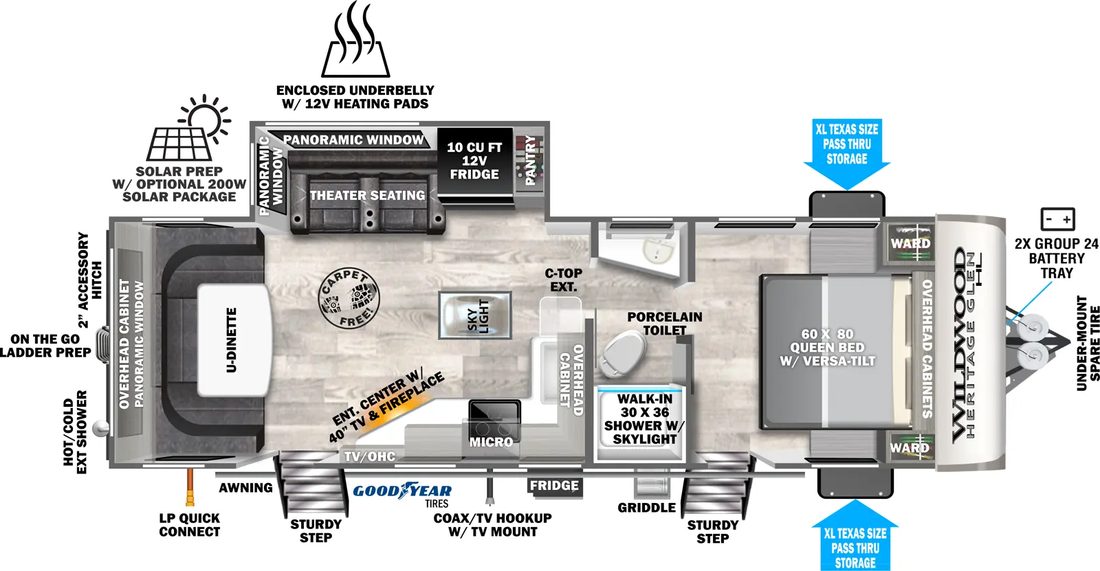 The 24RDHL has two entries and one slideout. Exterior features XL pass thru storage, 2X group 24 battery tray, undermount spare tire, sturdy step entries, refrigerator and griddle, coax TV hookup with TV mount, awning, LP quick connect, hot/cold exterior shower, on the go ladder prep, 2 inch receiver hitch, solar prep with optional 200W solar package, and enclosed underbelly with 12 V heating pads. Interior layout front to back: foot facing queen bed with versa-tilt with overhead cabinet, wardrobes on each side, and entry door; split full pass through bathroom with porcelain toilet and walk-in shower with skylight; off-door side slideout with pantry, 12 V refrigerator, and theater seating with panoramic windows; kitchen counter with sink and extension wraps from inner wall to door side with microwave, overhead cabinets, entertainment center with fireplace below, and second entry; rear u-dinette with overhead cabinet and panoramic window.